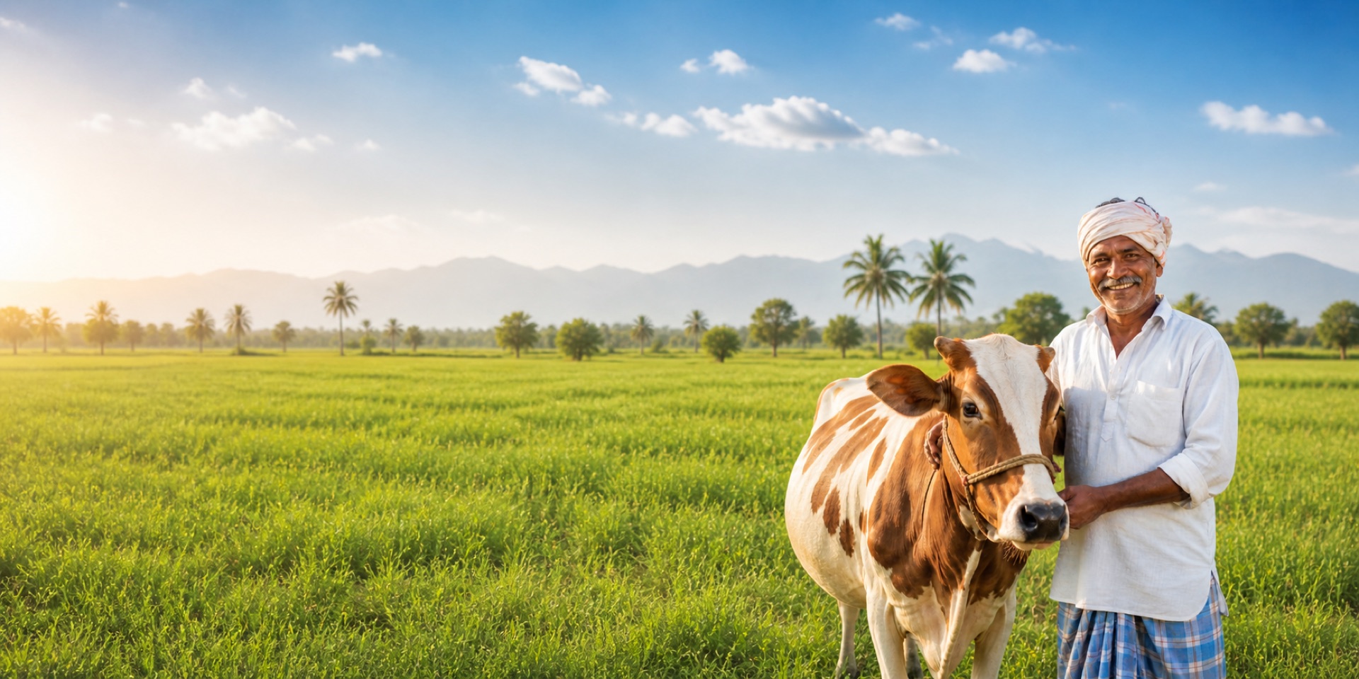 Indian farmer with his cow in a green field
